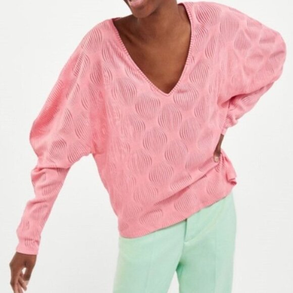 Zara Dolman Balloon Sleeve Textured V Neck Top Pink Boho Soft Girl Fem Coastal - Picture 2 of 7
